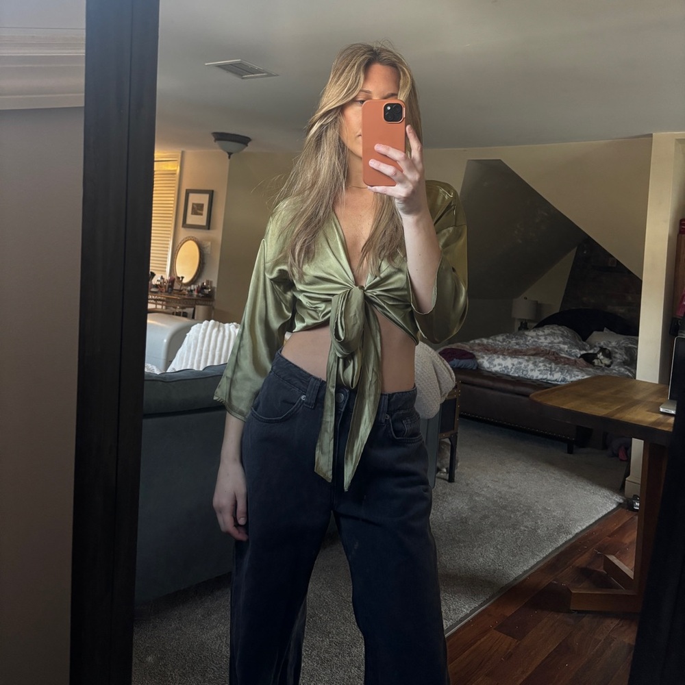 Urban Outfitters Olive Satin Tie-Front Crop Top